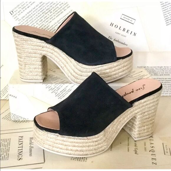 Free People Platform Sandal Black Suede Mule Heel - Picture 4 of 8